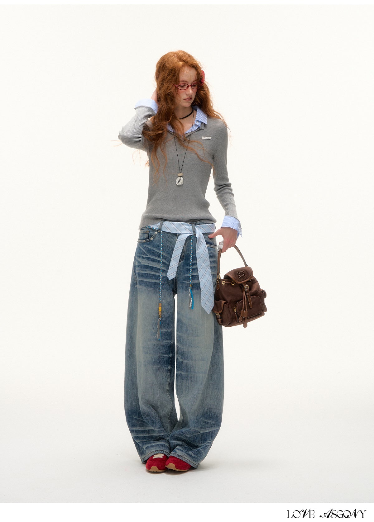 AsGony Striped Collar Fake Two-Layer Knit Top
