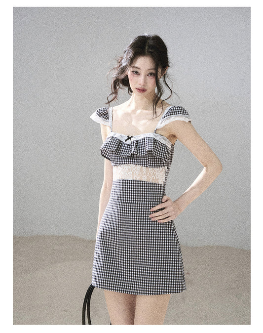 ShaoYeYan Aomalm She in Old Film Frames French Lace Plaid Dress