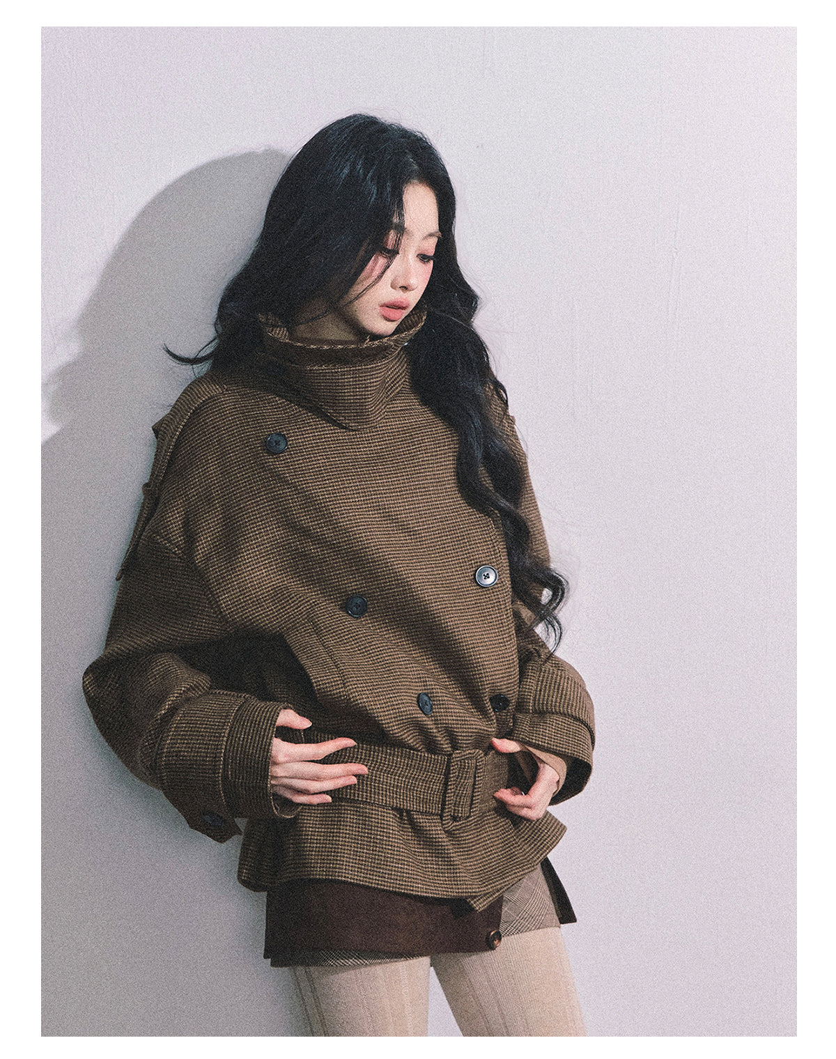 ShaoYeYan Sunset Harbor French British Style Plaid Trench Coat