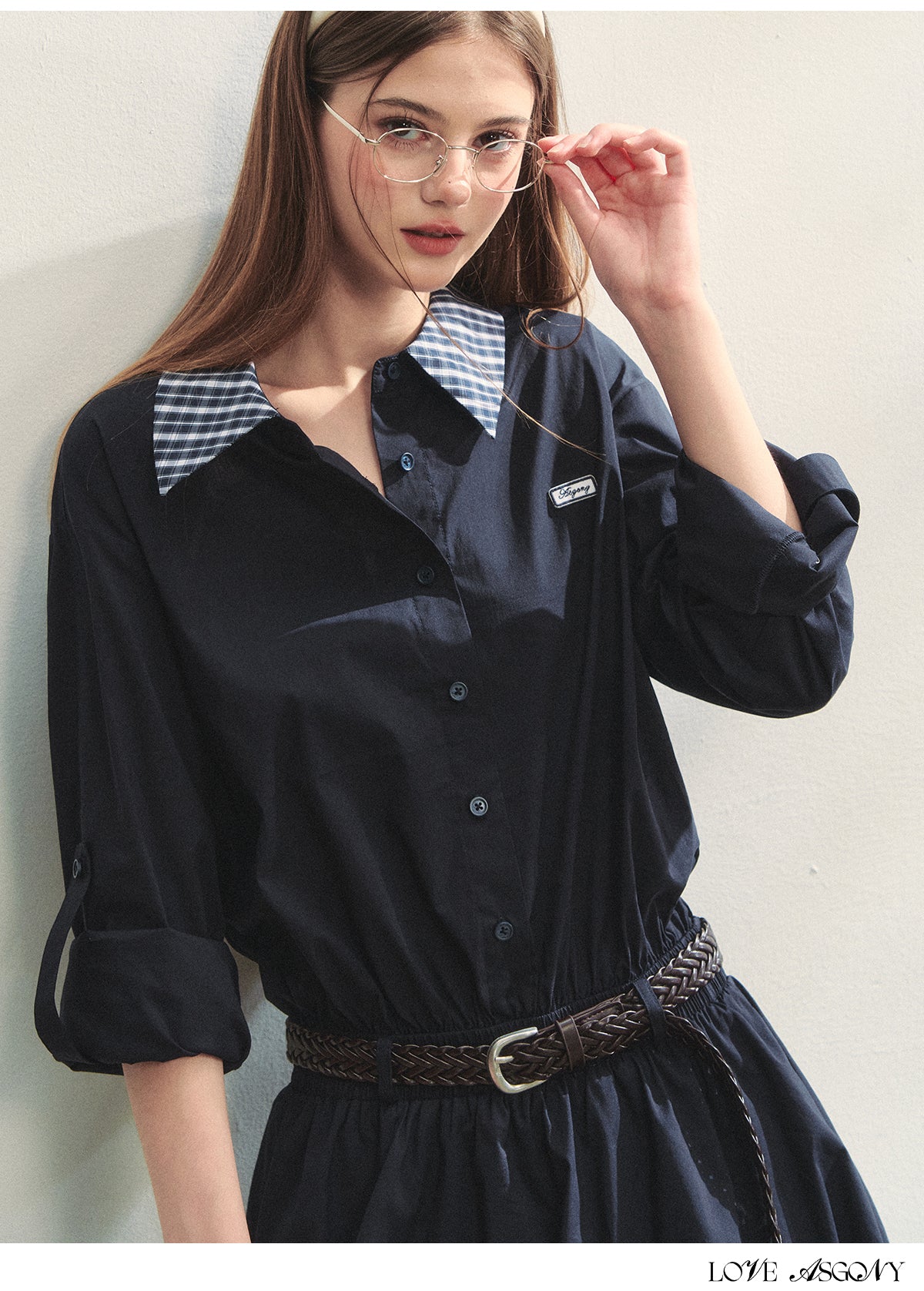 AsGony Plaid Collar Black Long Sleeve Shirt Dress