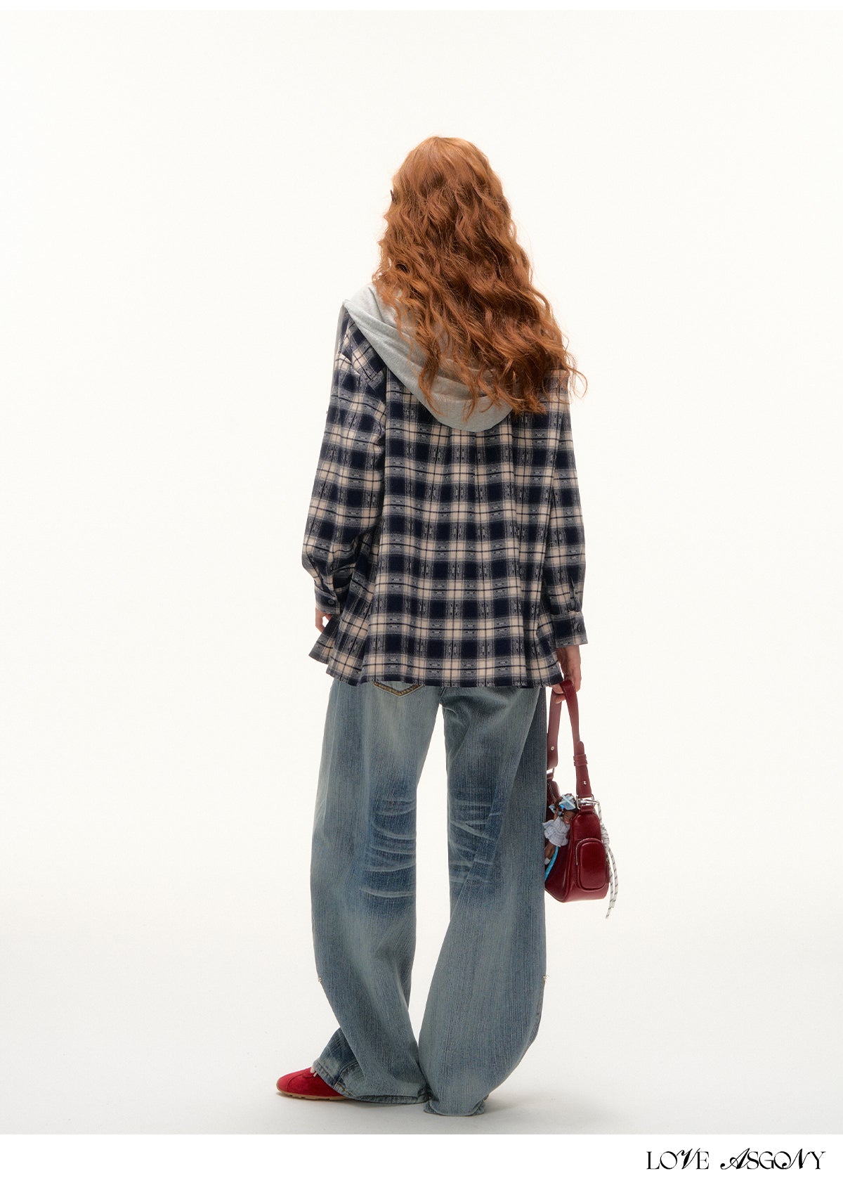 AsGony Retro Plaid Colorblock Hooded Shirt