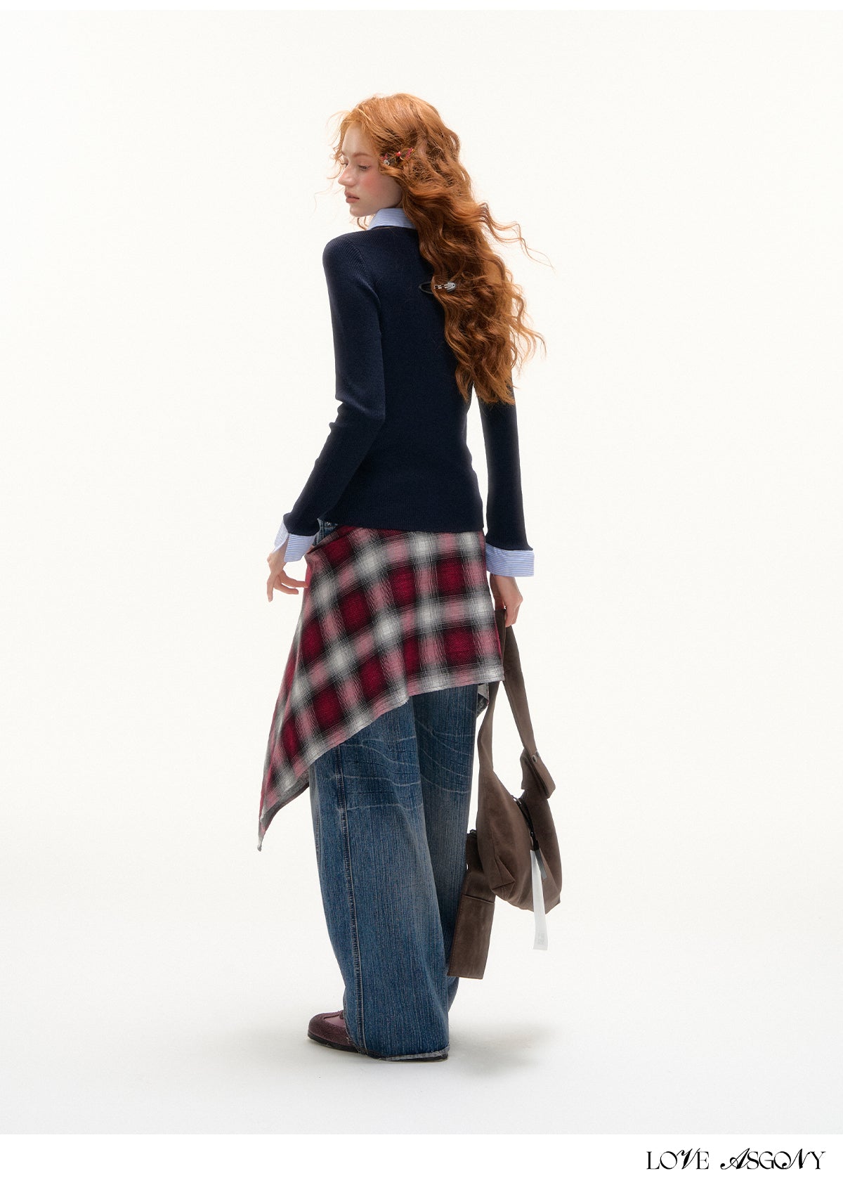 AsGony Striped Collar Fake Two-Layer Knit Top