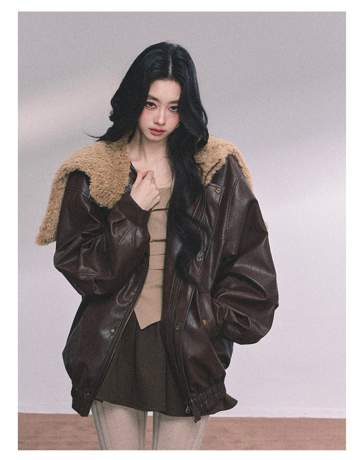 ShaoYeYan Loose Fit Lamb Fur Leather Jacket