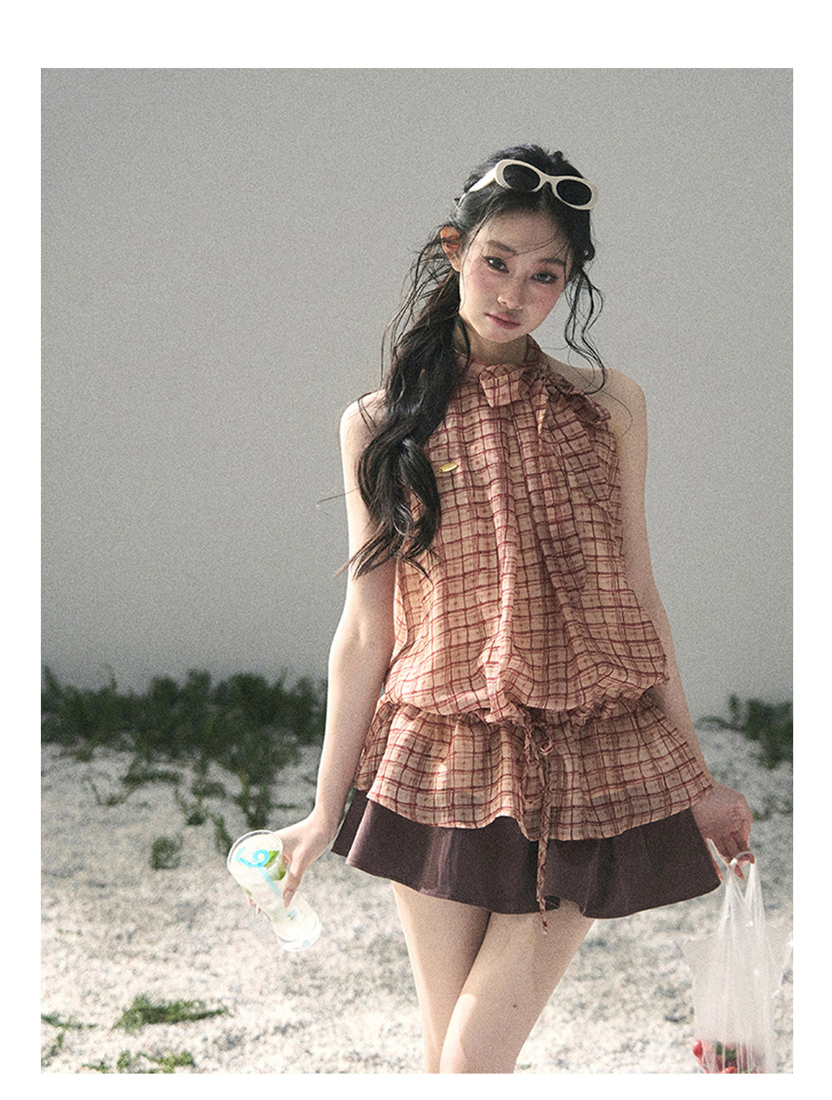 ShaoYeYan Aomalm Maple Red Whisper French Plaid Halter Top