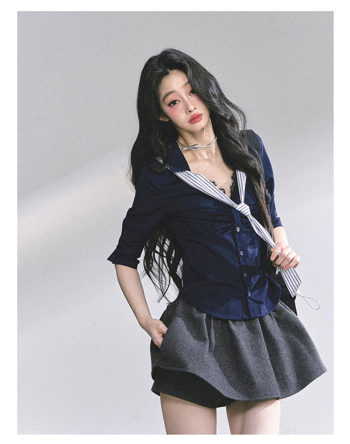 SHAOYEYAN American Waist-Defining Lace Stripe Shirt