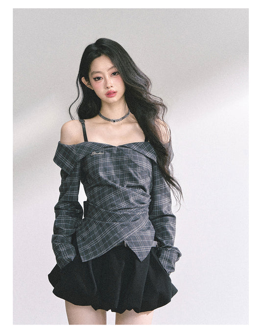 SHAOYEYAN London Story Off-Shoulder Plaid Shirt