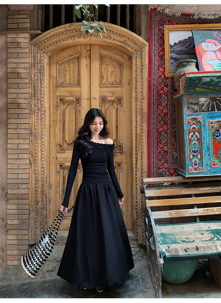 MULVAN "Moonlight Silk" Flared Midi Skirt & "Off-Duty Star" Floral Shoulder Top