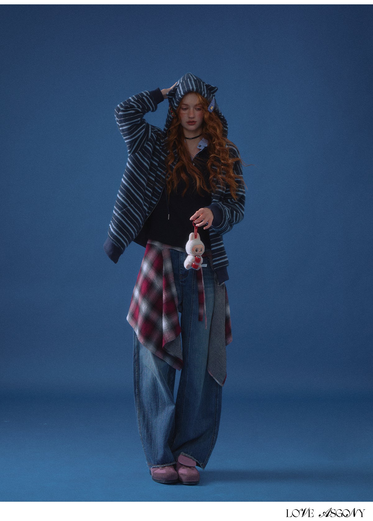 AsGony Plush Striped Colorblock Cat-Ear Hoodie