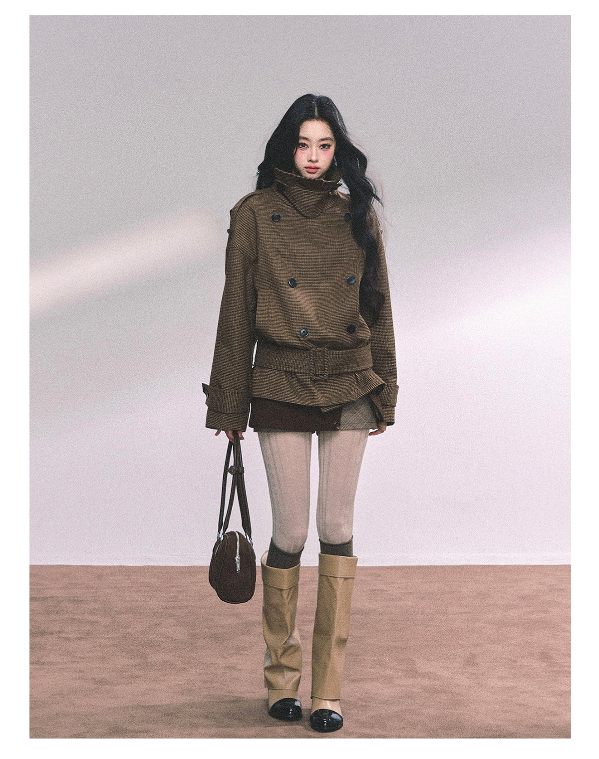 ShaoYeYan Sunset Harbor French British Style Plaid Trench Coat