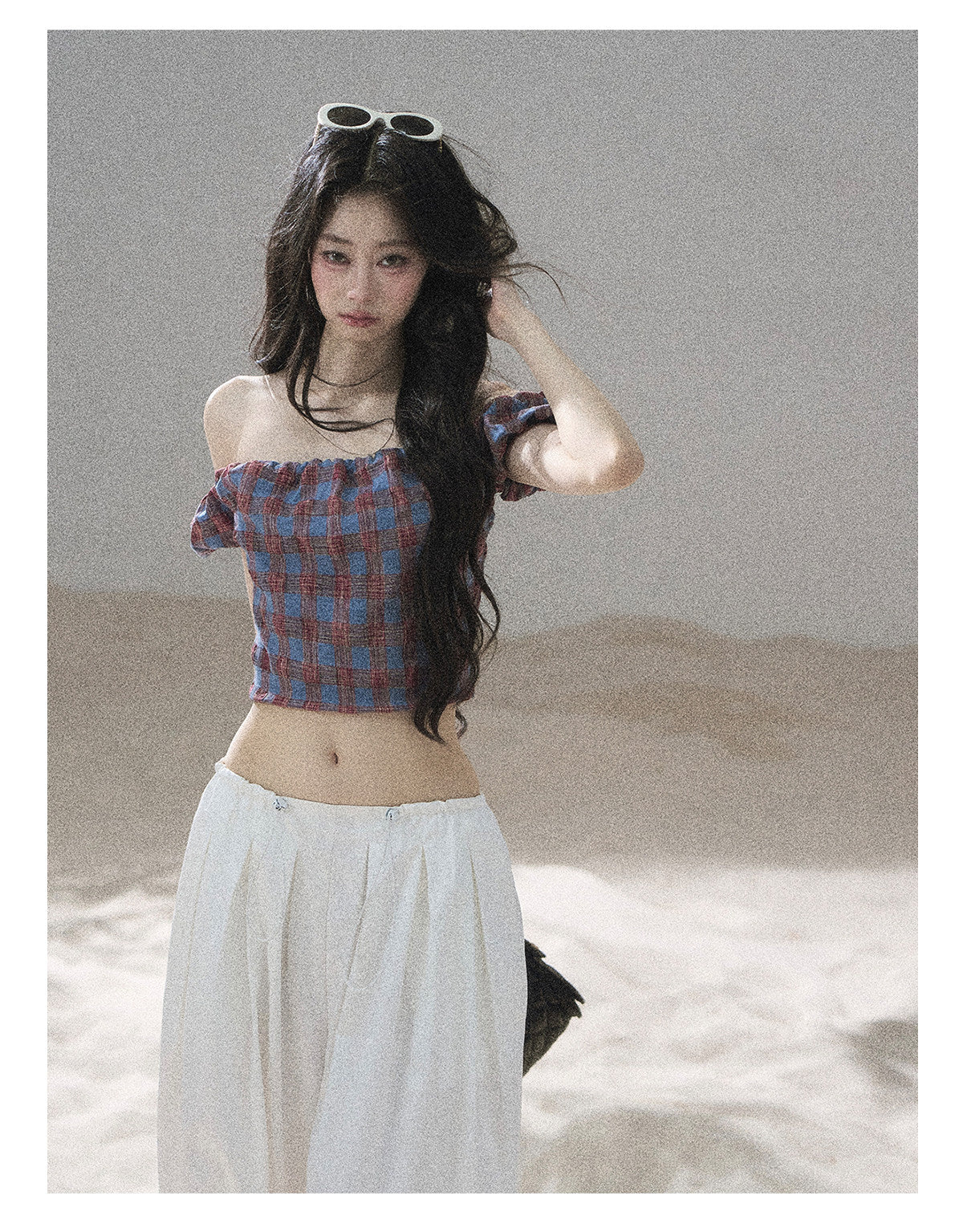 ShaoYeYan Aomalm Plaid Old Times Off-Shoulder Short Sleeve Top