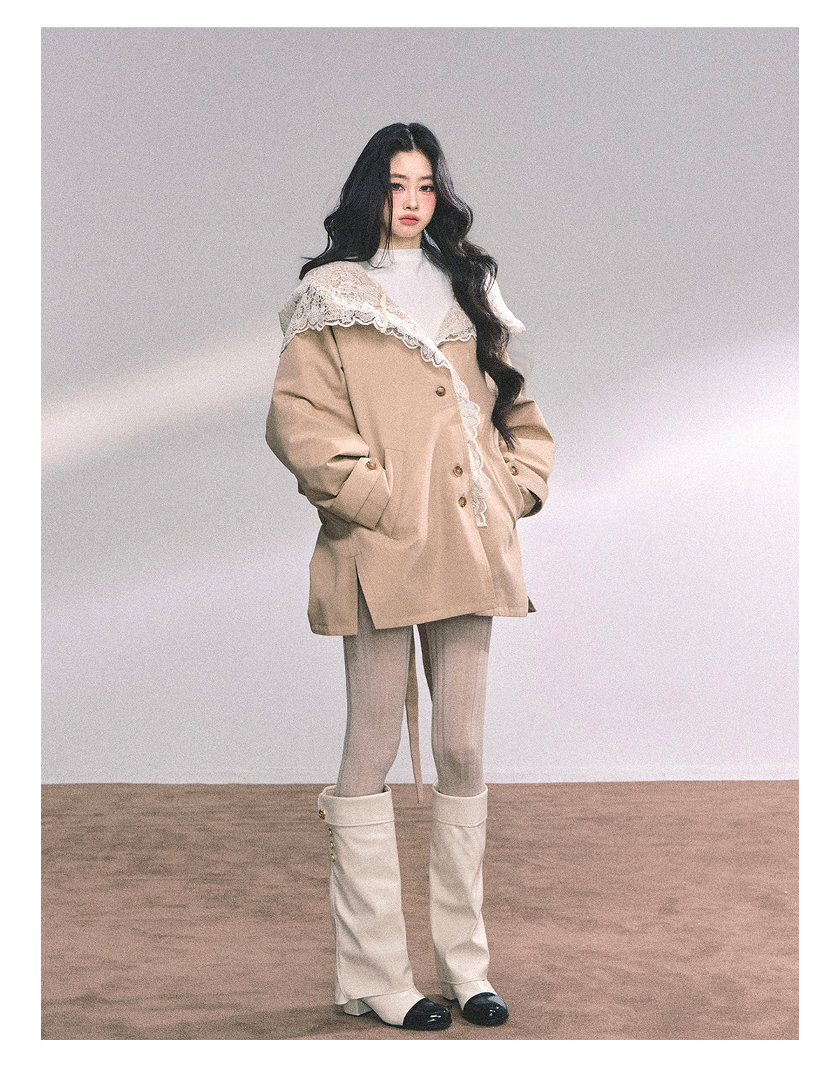 ShaoYeYan Verona Winter Loose Lace Hooded Trench Coat