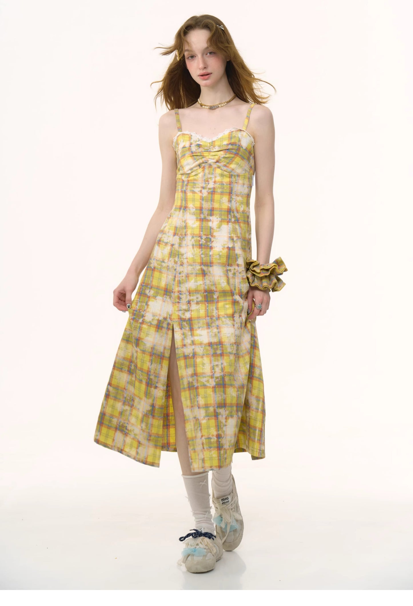 ziziFei Retro Yellow Plunge Neckline Dress
