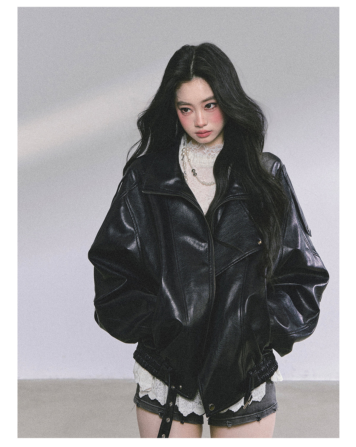 ShaoYeYan Mafia Princess Oversized Slim-Fit Black PU Leather Jacket