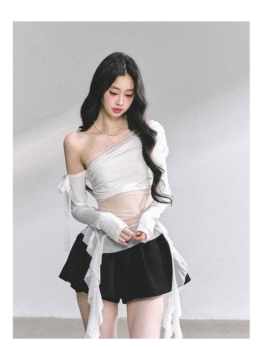 SHAOYEYAN Off-Shoulder Lace Slim Fit Long Sleeve Tee