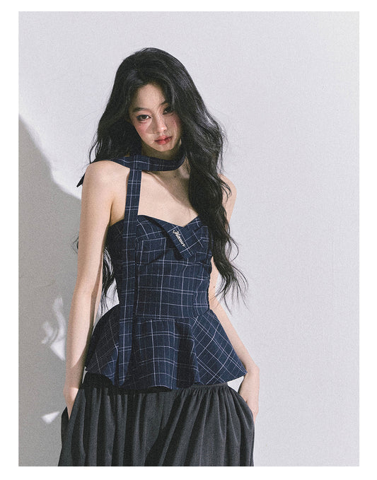 ShaoYeYan Blue Rhythm American Style Plaid Crop Top