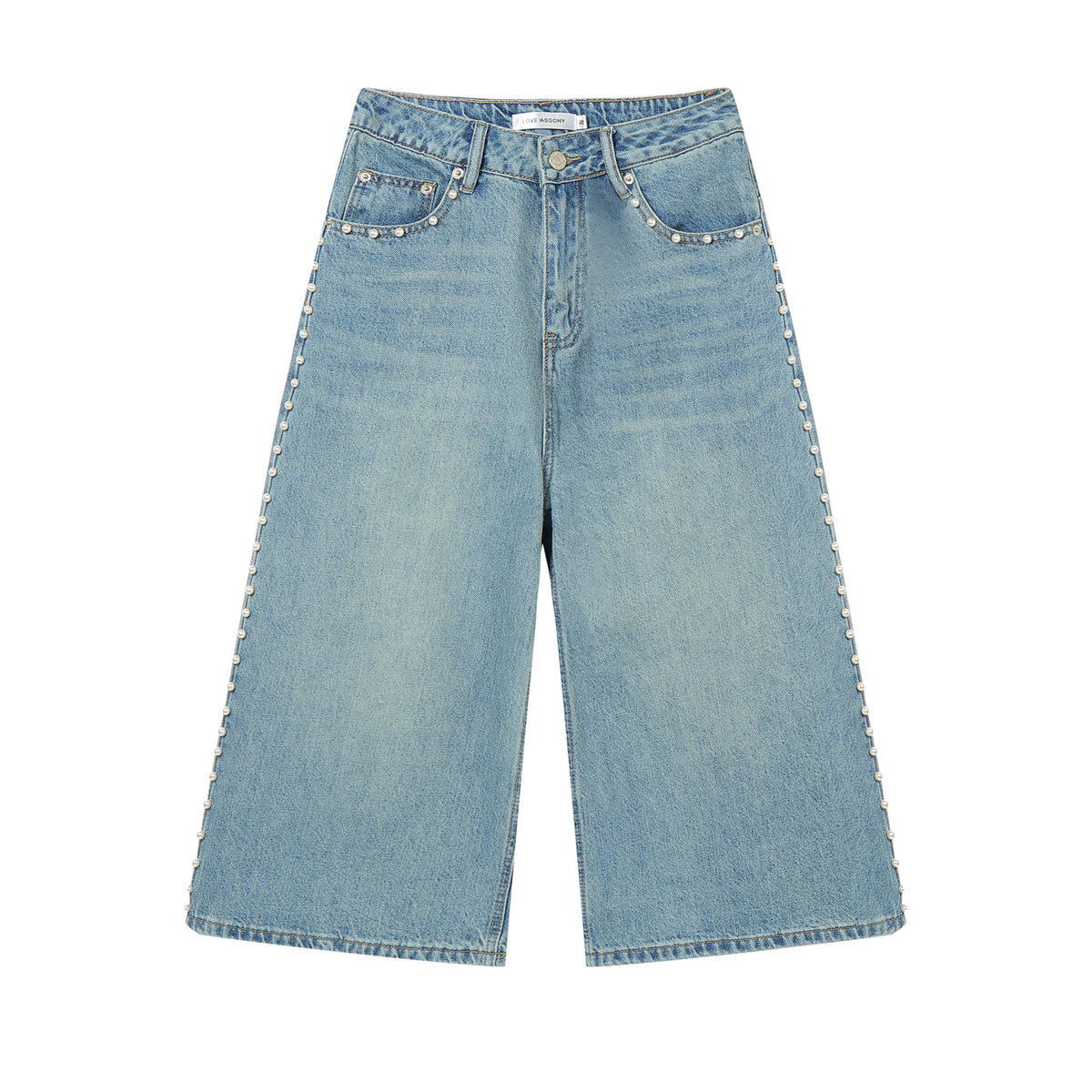 AsGony Side-Seam Beaded Wide-Leg Cropped Jeans