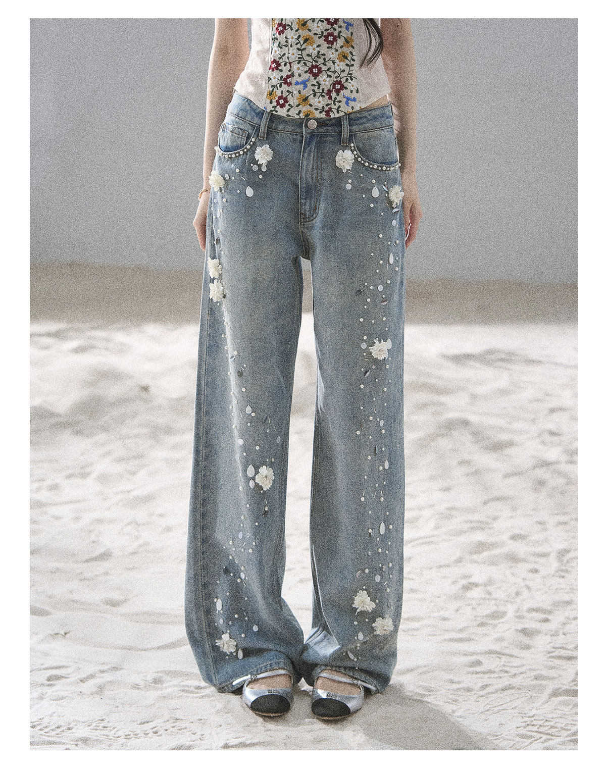 ShaoYeYan Aomalm Gentle Star Path Hand-Embellished Floral Jeans