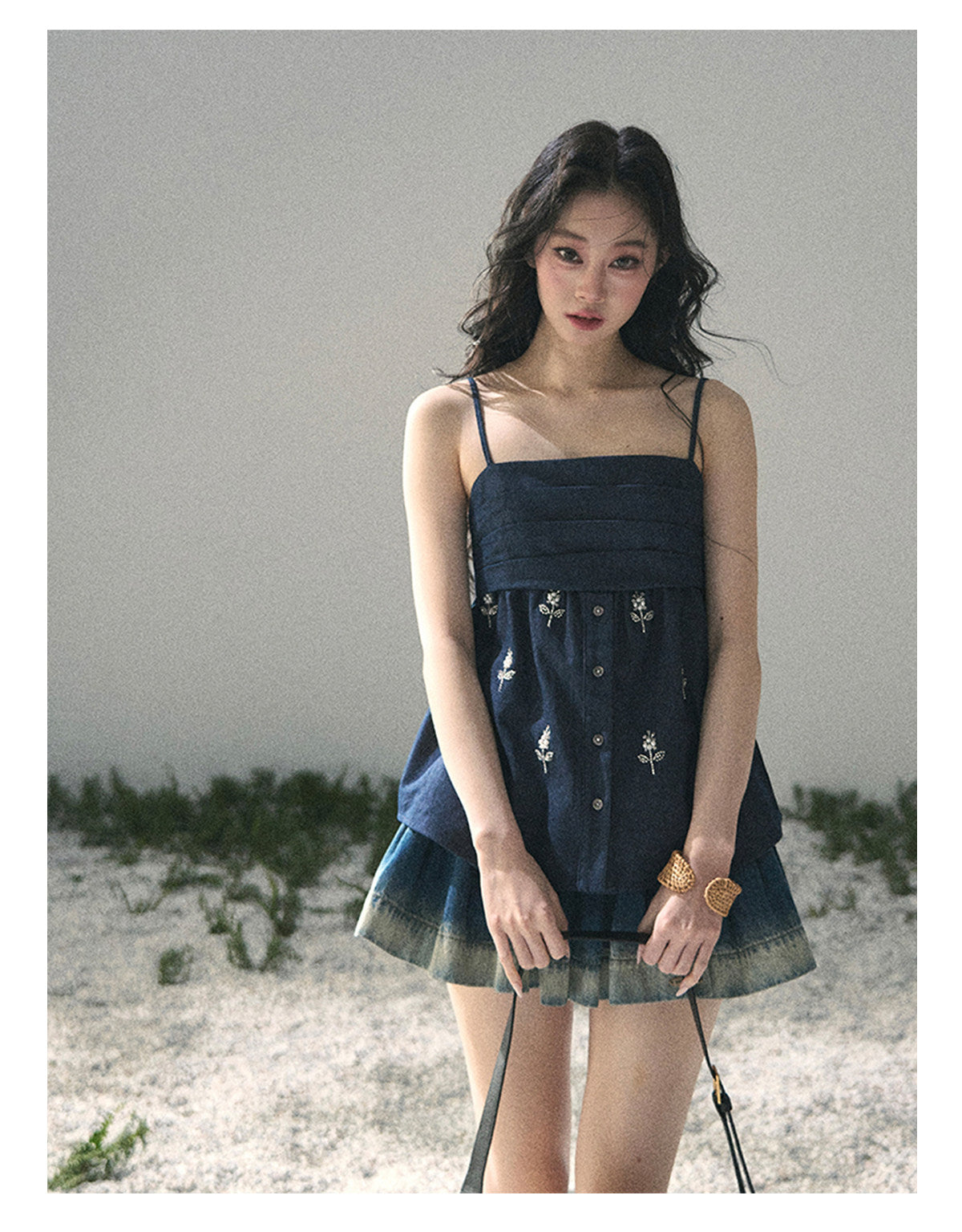 ShaoYeYan Aomalm A Silent Sea Off-Shoulder French 3D Floral Denim Top