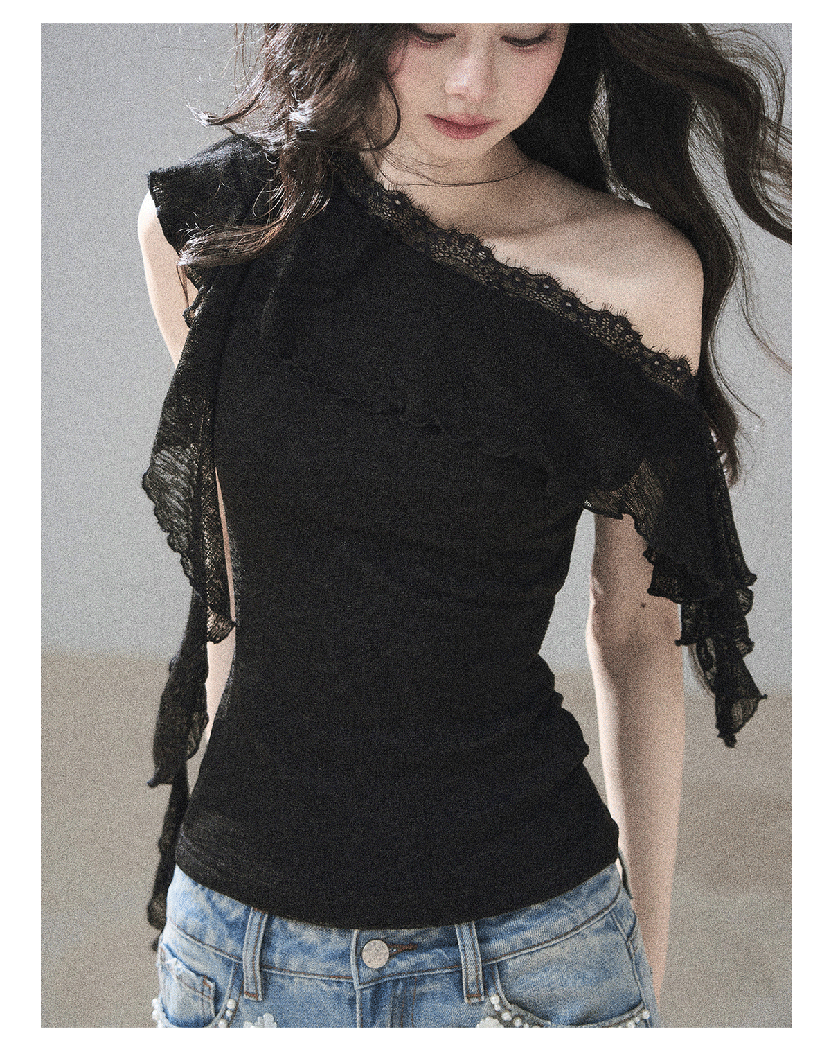 ShaoYeYan Aomalm Before Sunset Falls Korean Off-Shoulder Lace Top