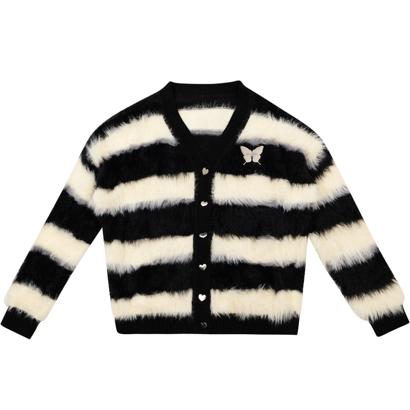 ziziFei Retro Punk Striped Faux Fur Cardigan