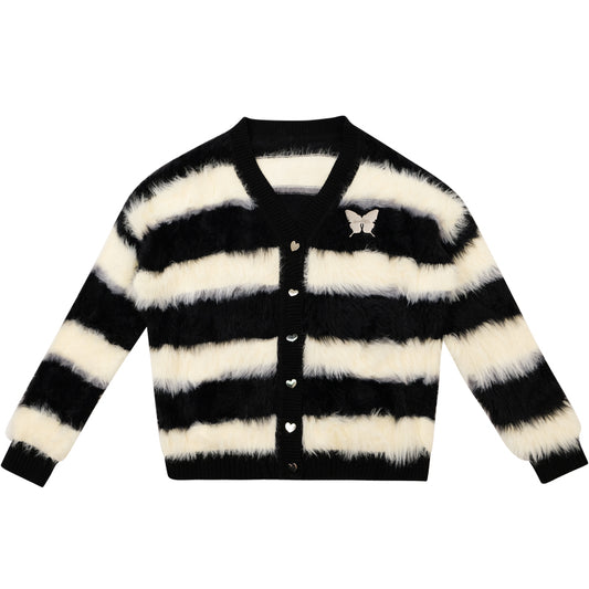 ziziFei Retro Punk Striped Faux Fur Cardigan