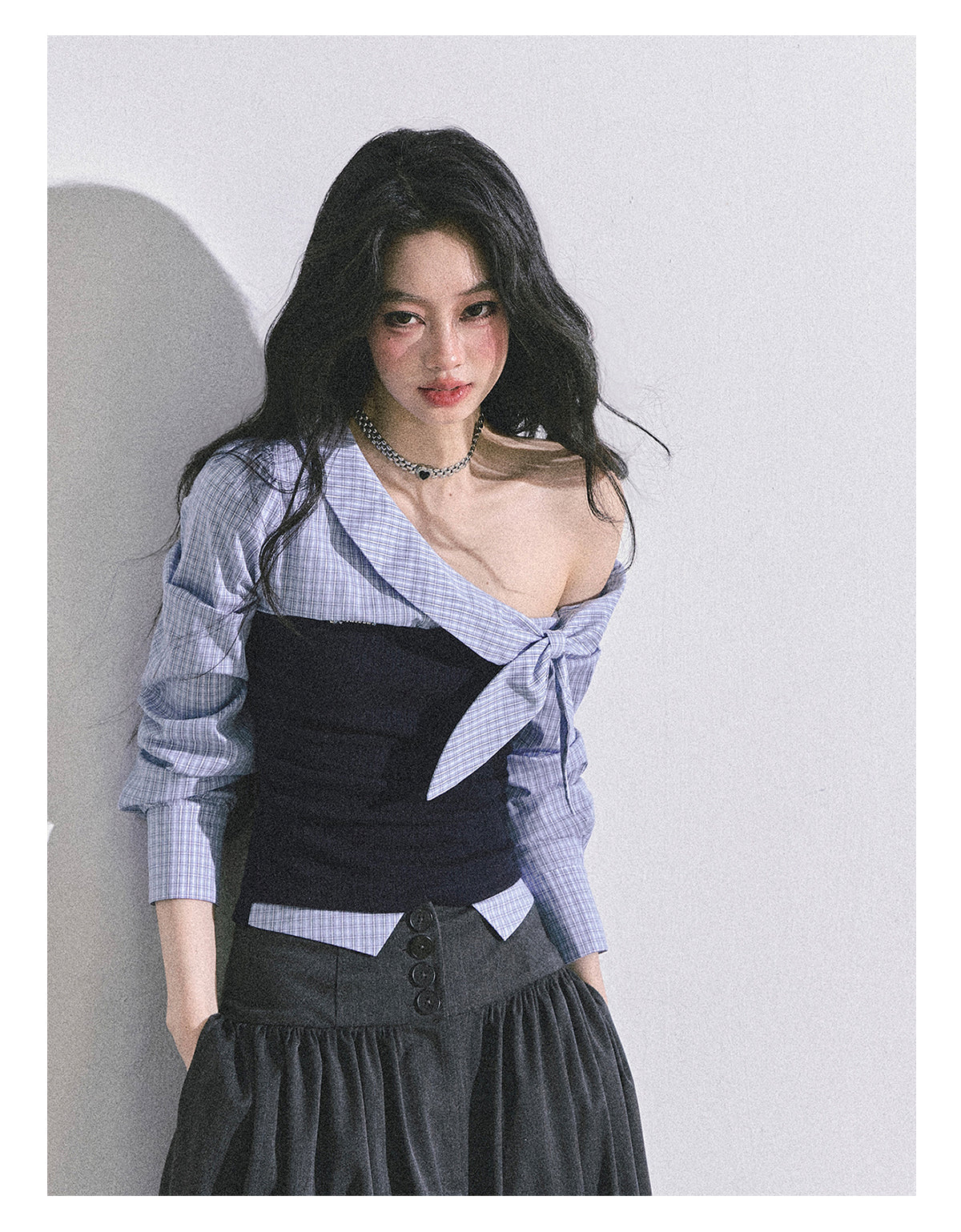 ShaoYeYan Fake Two-Piece Off-Shoulder Plaid T-Shirt