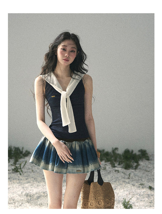 ShaoYeYan Aomalm Sea Breeze & Wheat Waves Fake Two-Layer Sailor Tee