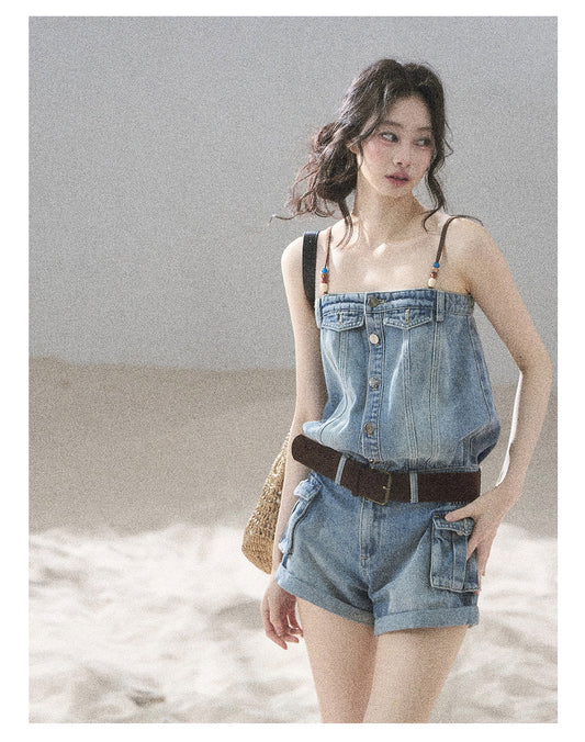 ShaoYeYan Aomalm Go for a Seaside Walk American Denim Romper