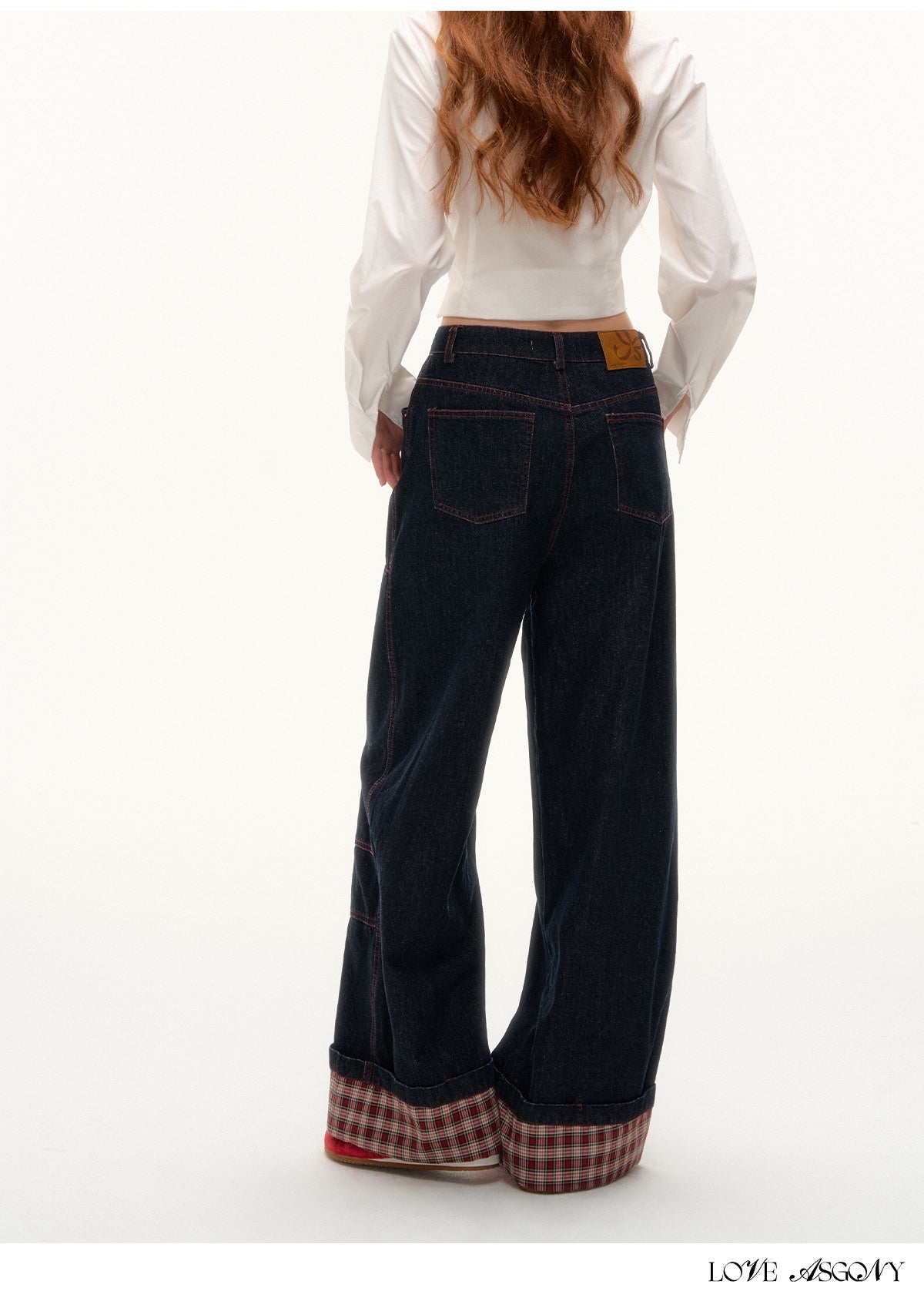 AsGony Black Plaid Panel Wide-Leg Jeans