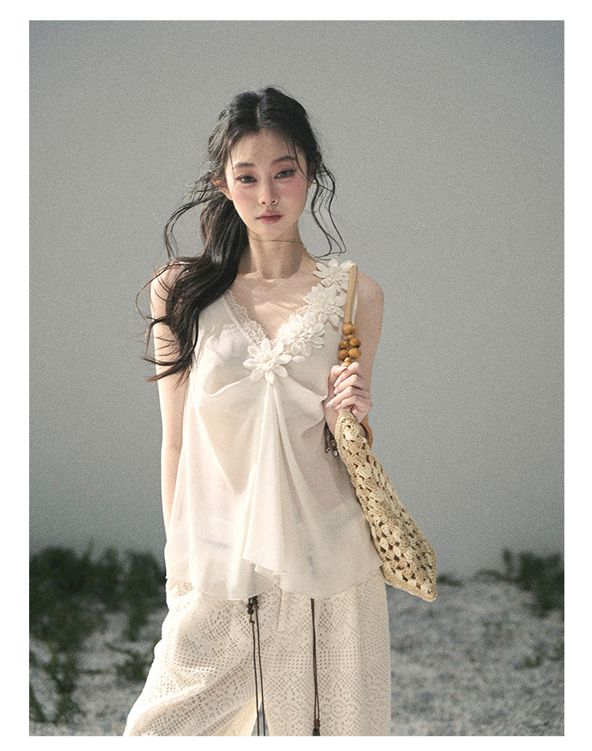 ShaoYeYan Aomalm Mute Rose French 3D Floral Sheer Lace Top