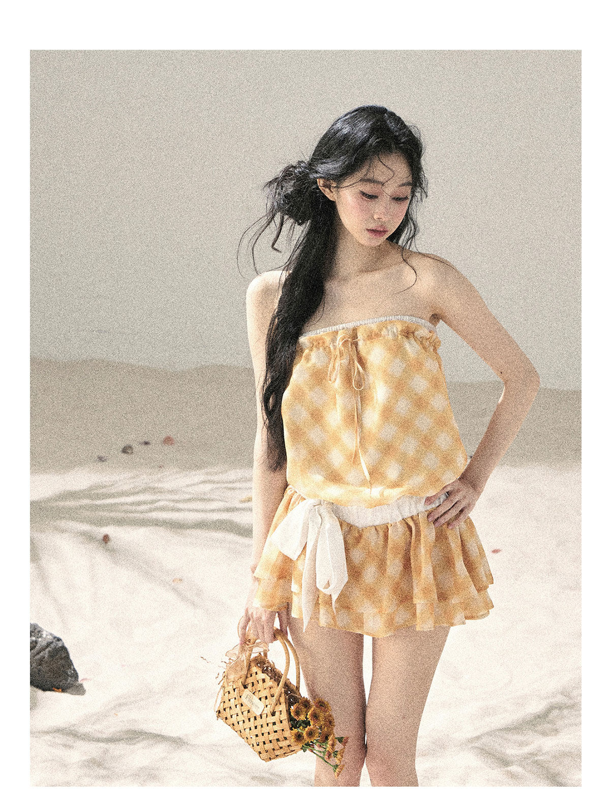 ShaoYeYan Aomalm Wind From the Crest of Waves Off-Shoulder French Argyle Dress