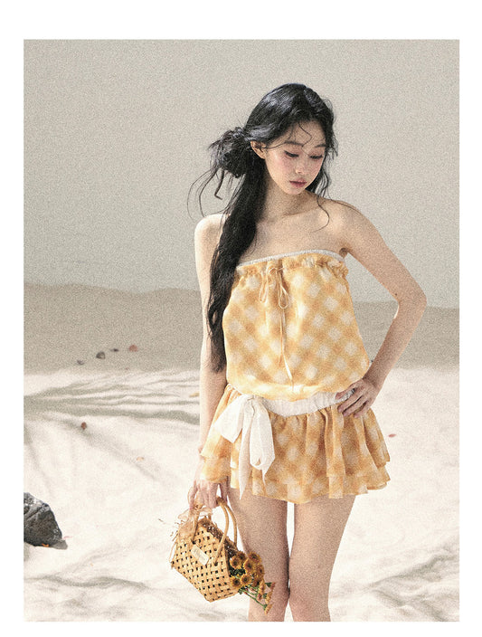 ShaoYeYan Aomalm Wind From the Crest of Waves Off-Shoulder French Argyle Dress