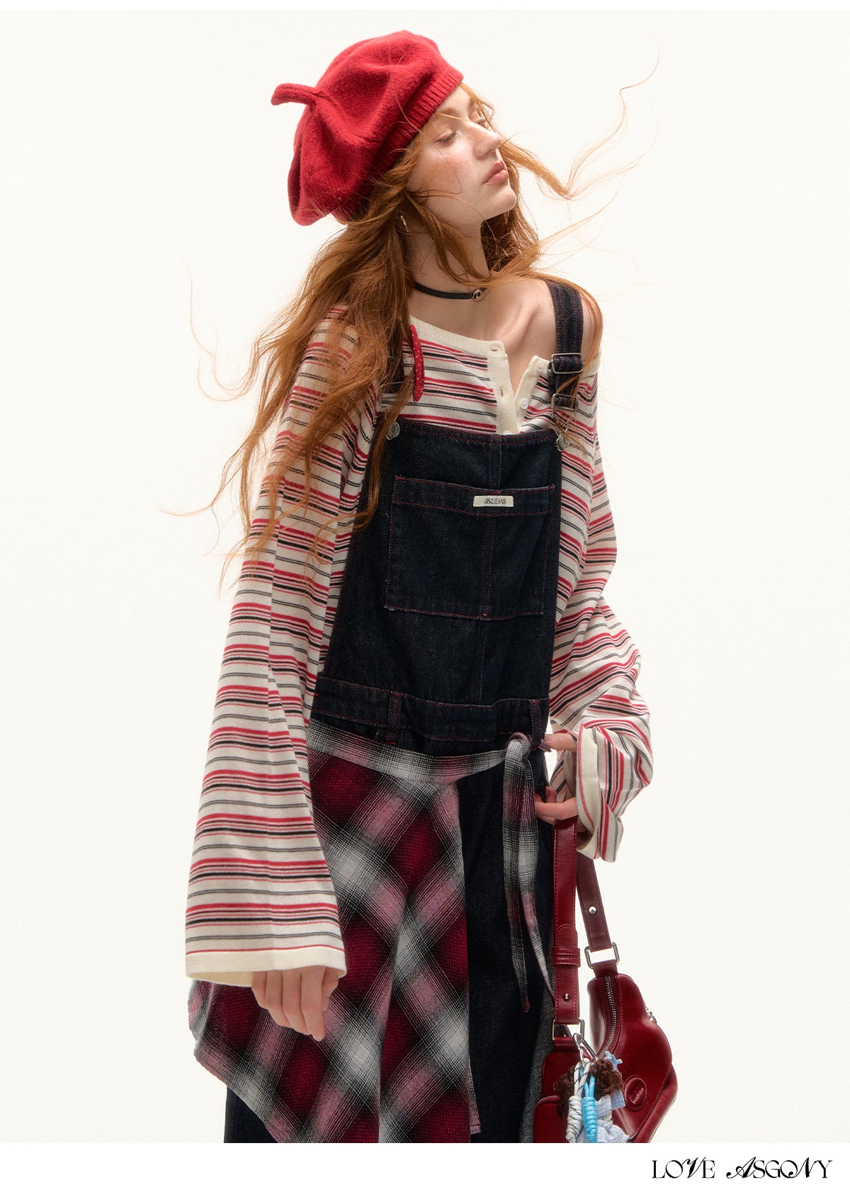 AsGony Red Stitch Raw Denim Wide-Leg Jumpsuit