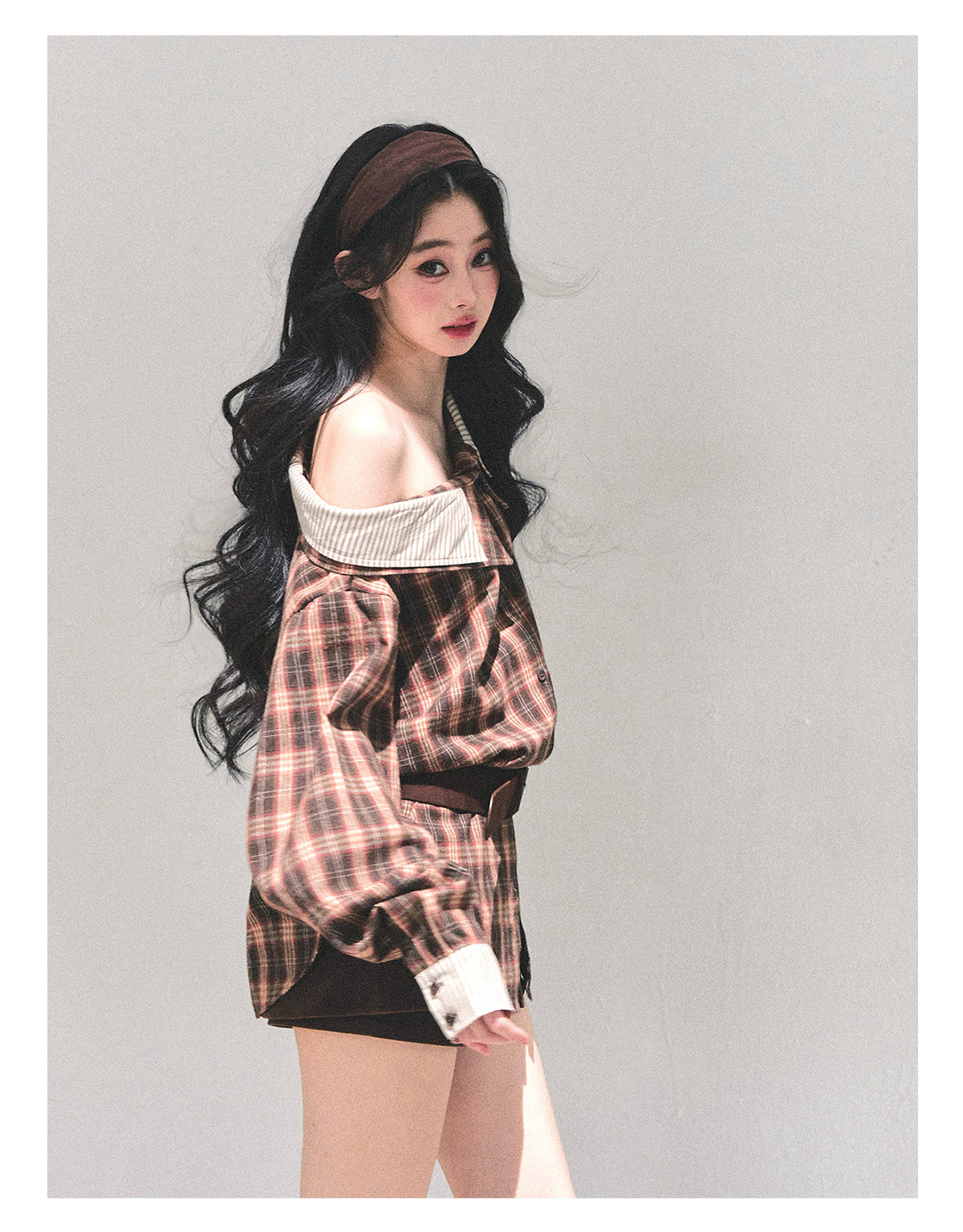 ShaoYeYan Streets She Passed Off-Shoulder Plaid Shirt