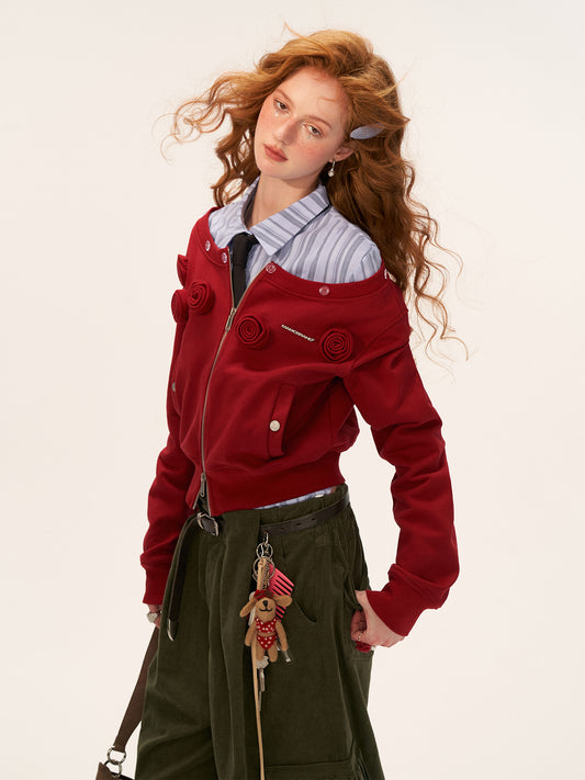 MAMC Off-Shoulder Detachable Fur Collar Double-Zip Flower Short Jacket