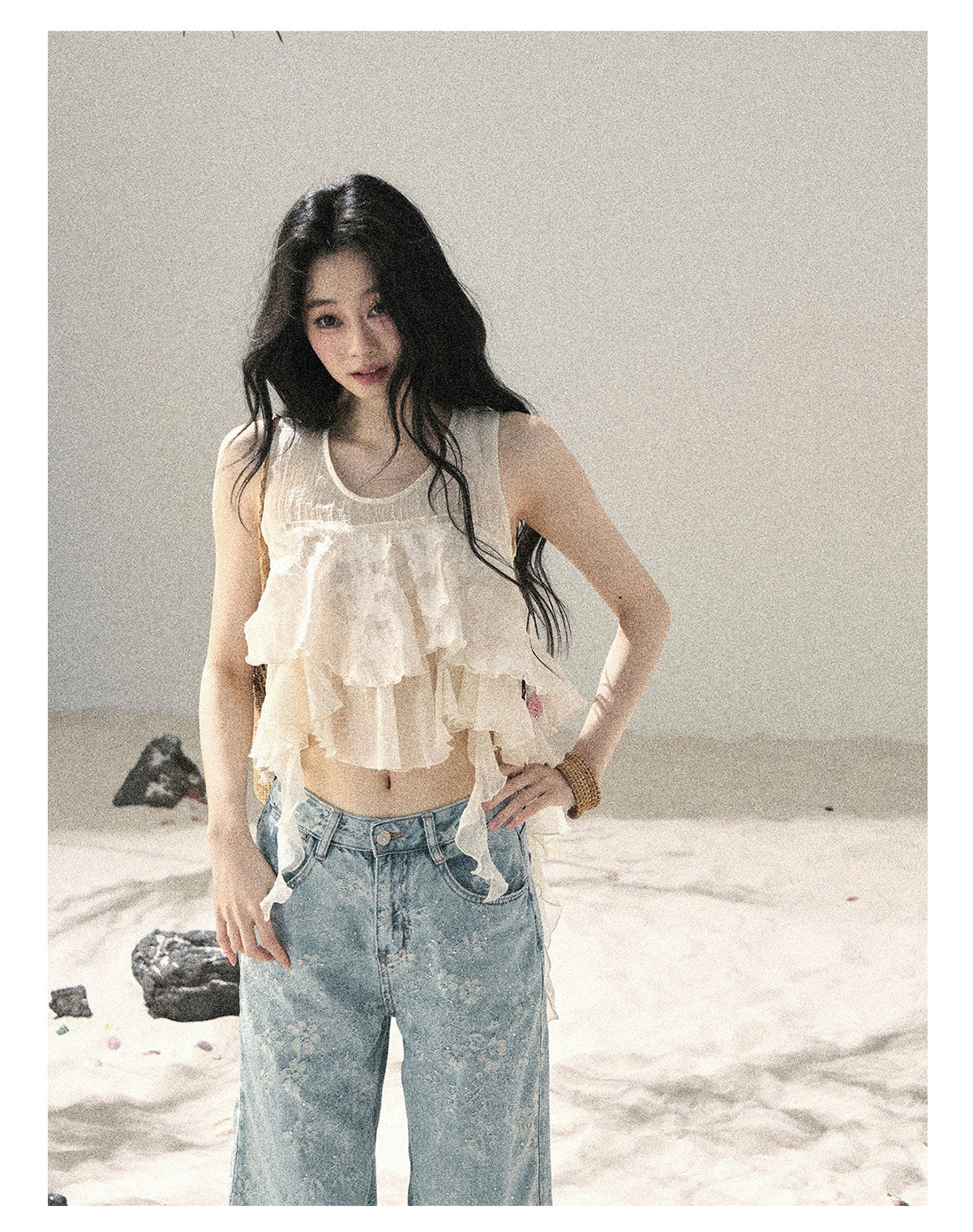 ShaoYeYan Aomalm Moonlight Flows Across the Lake French Chiffon Mesh Top