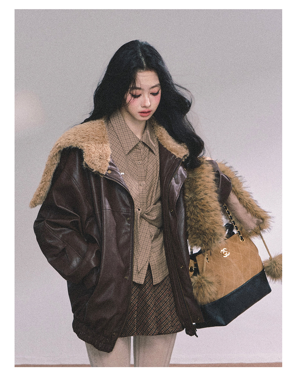 ShaoYeYan Loose Fit Lamb Fur Leather Jacket