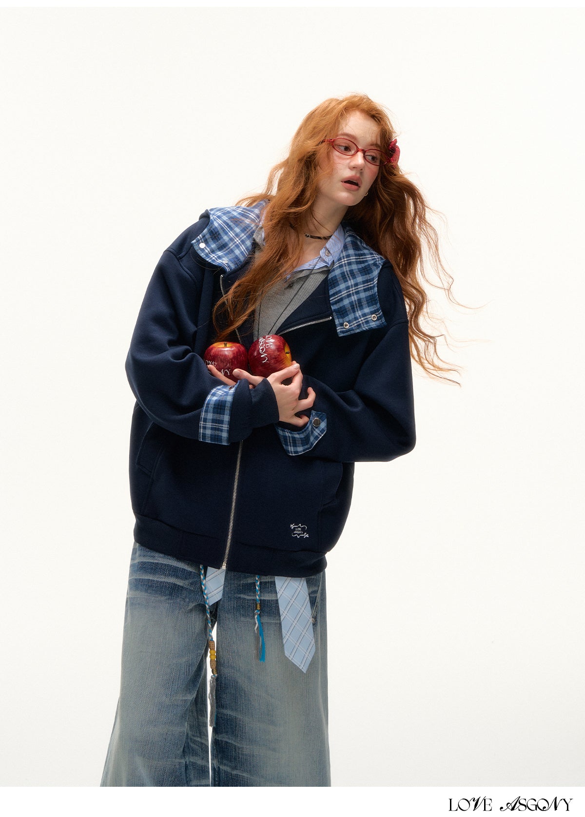 AsGony Plaid Panel Oversized Hooded Zip-Up