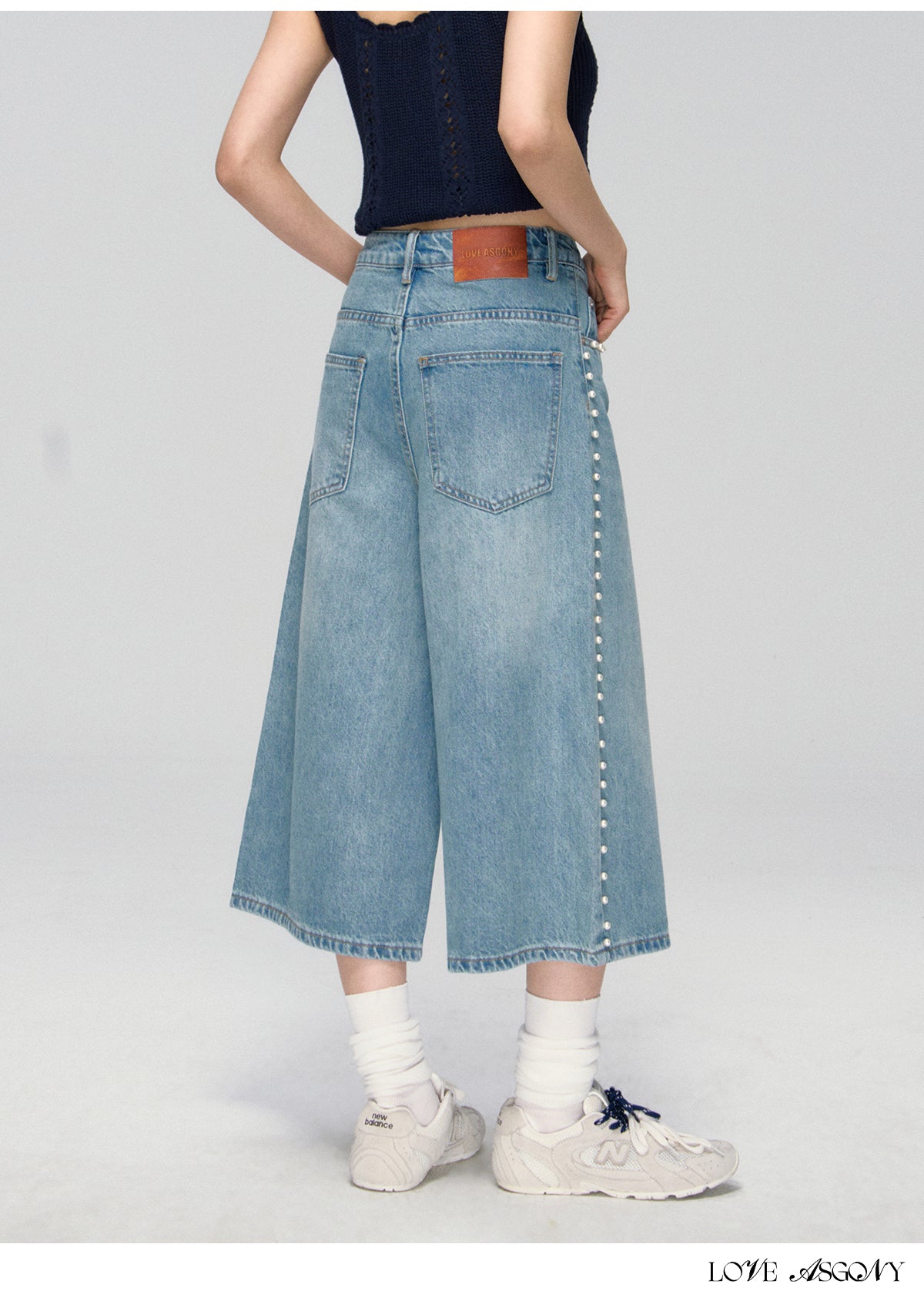 AsGony Side-Seam Beaded Wide-Leg Cropped Jeans