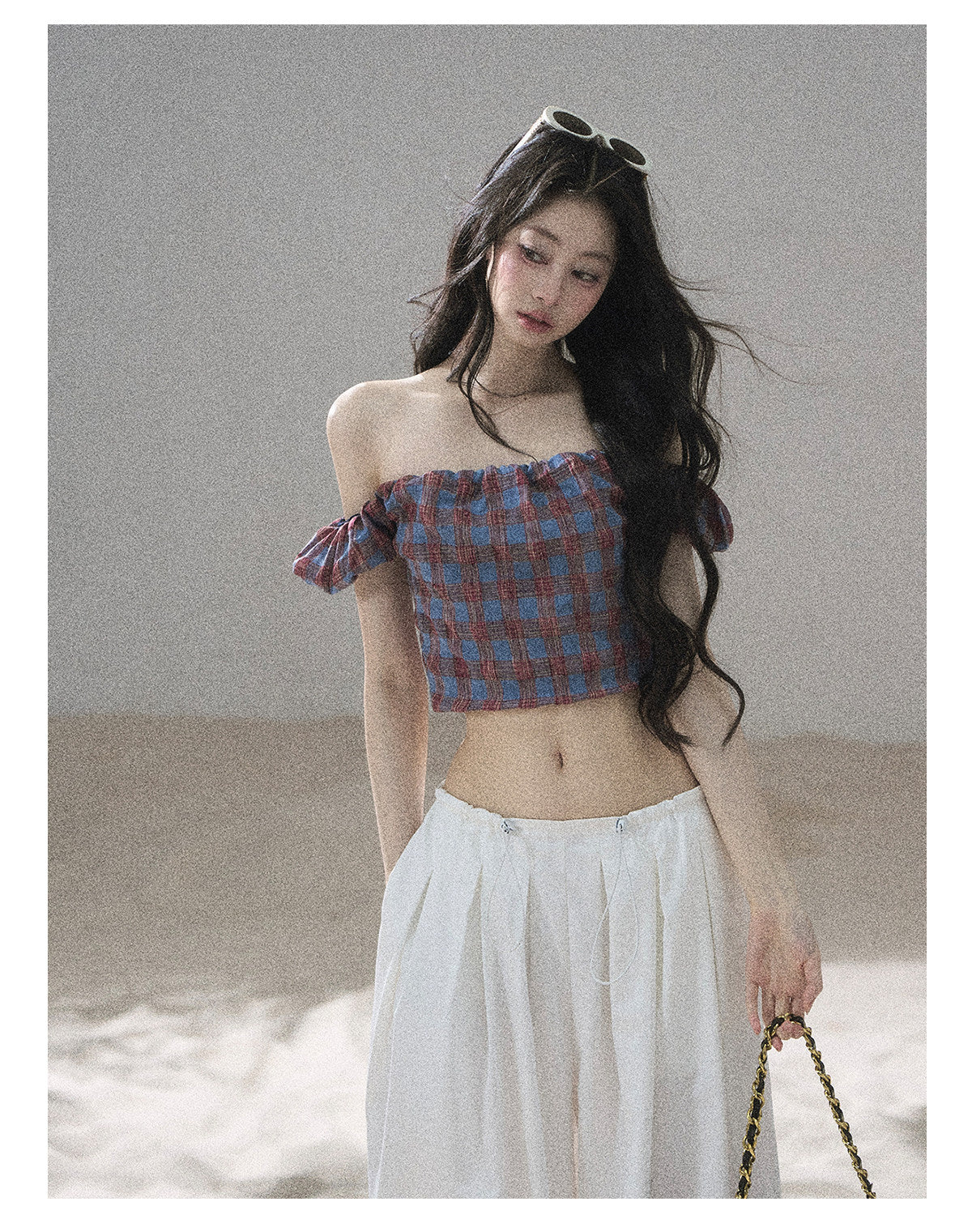 ShaoYeYan Aomalm Plaid Old Times Off-Shoulder Short Sleeve Top
