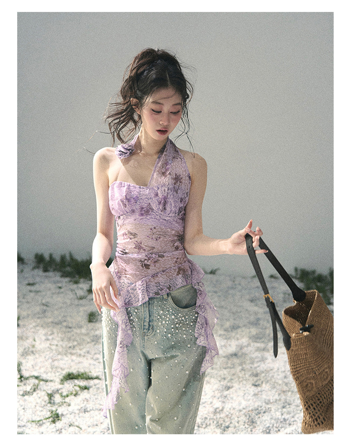 ShaoYeYan Aomalm Bauhinia Blooms Asymmetric Sheer Ribbon Top