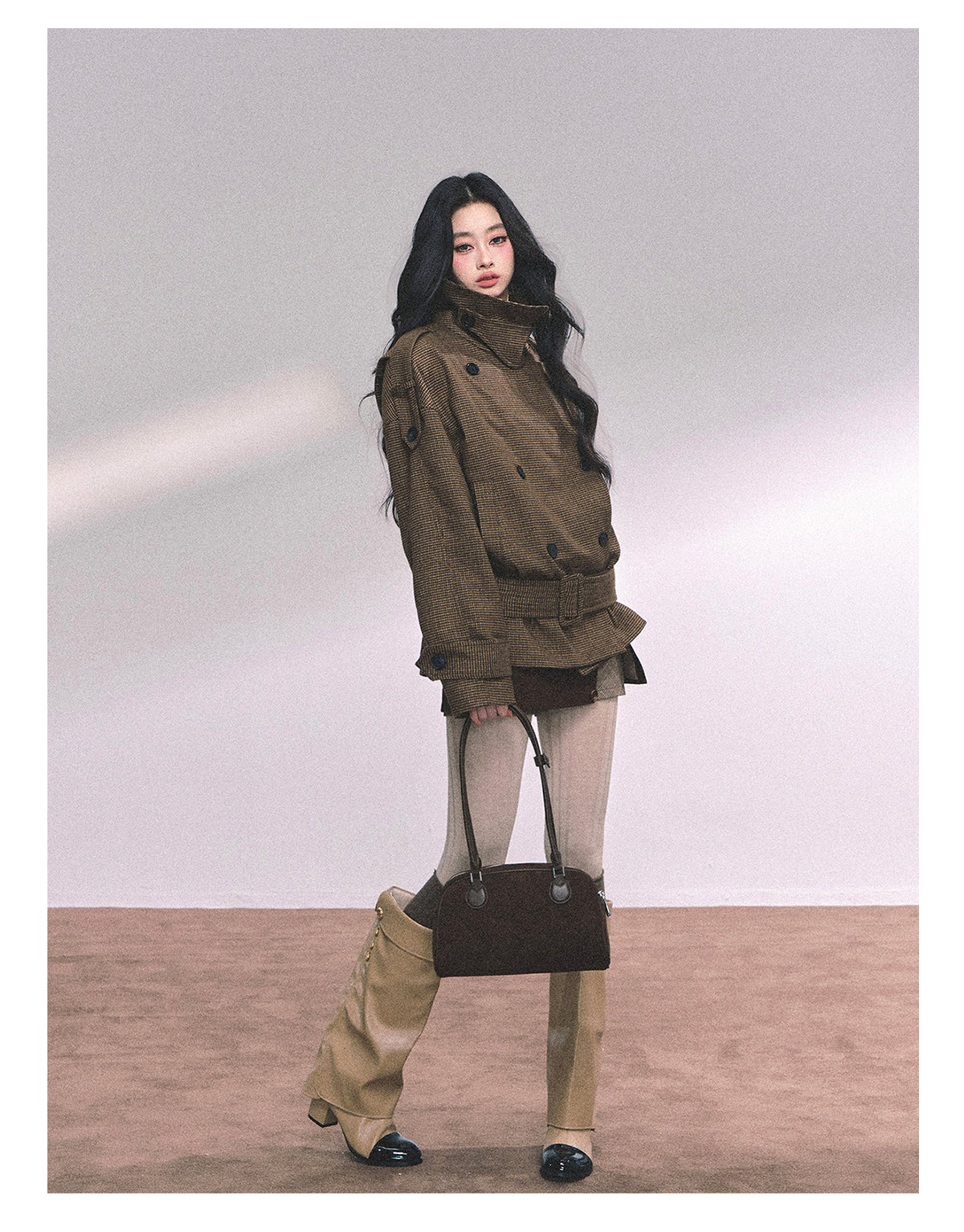 ShaoYeYan Sunset Harbor French British Style Plaid Trench Coat