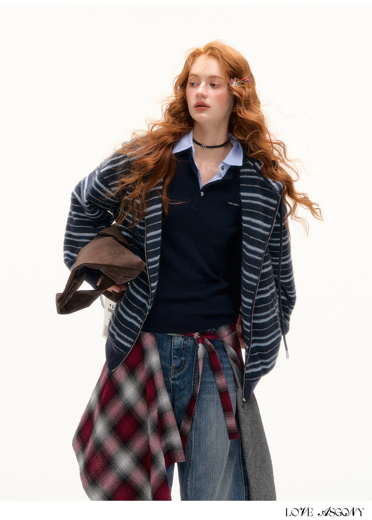 AsGony Plush Striped Colorblock Cat-Ear Hoodie