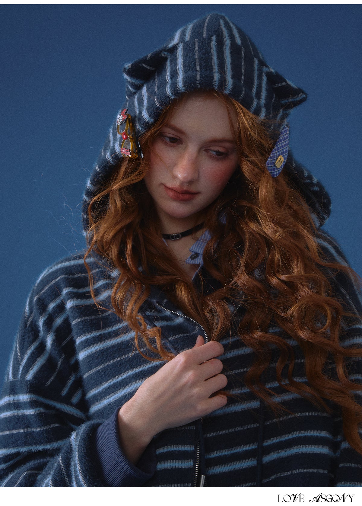 AsGony Plush Striped Colorblock Cat-Ear Hoodie
