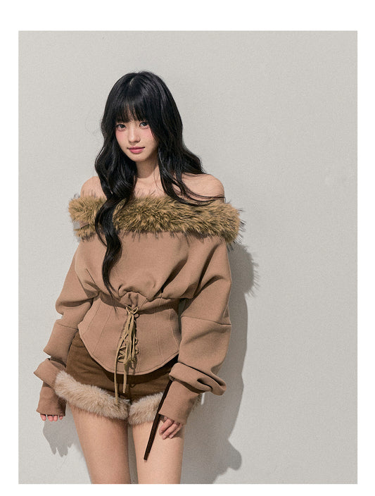 ShaoYeYan Aomalm Sunset Warmth Off-Shoulder French Plush Top