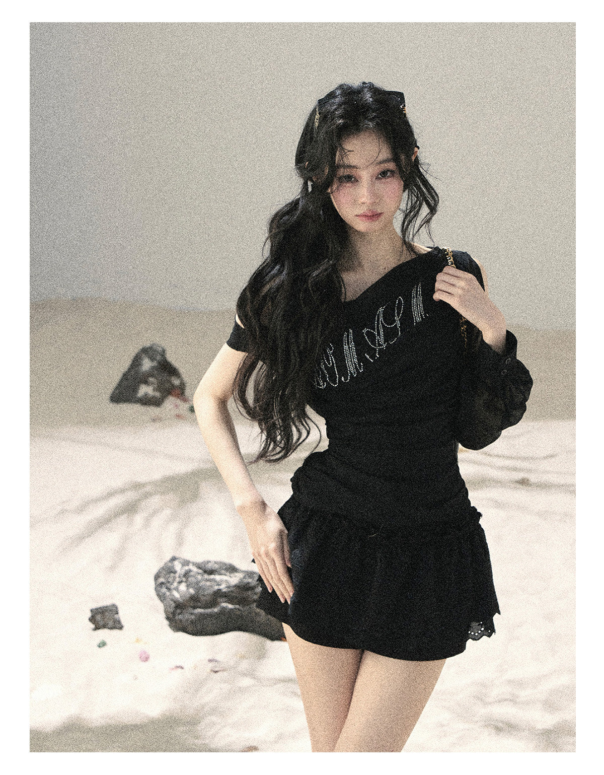 ShaoYeYan Aomalm Fragmented Starlight Korean Off-Shoulder Mesh Top