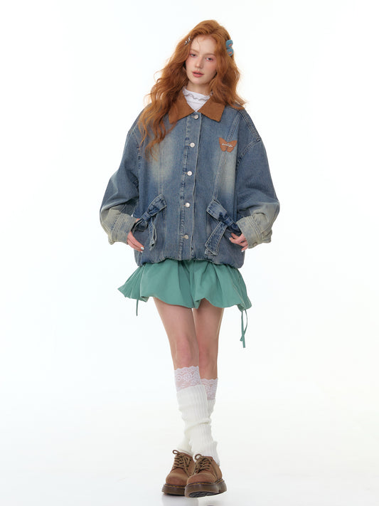 ZiziFei Corduroy-Collar Denim Jacket