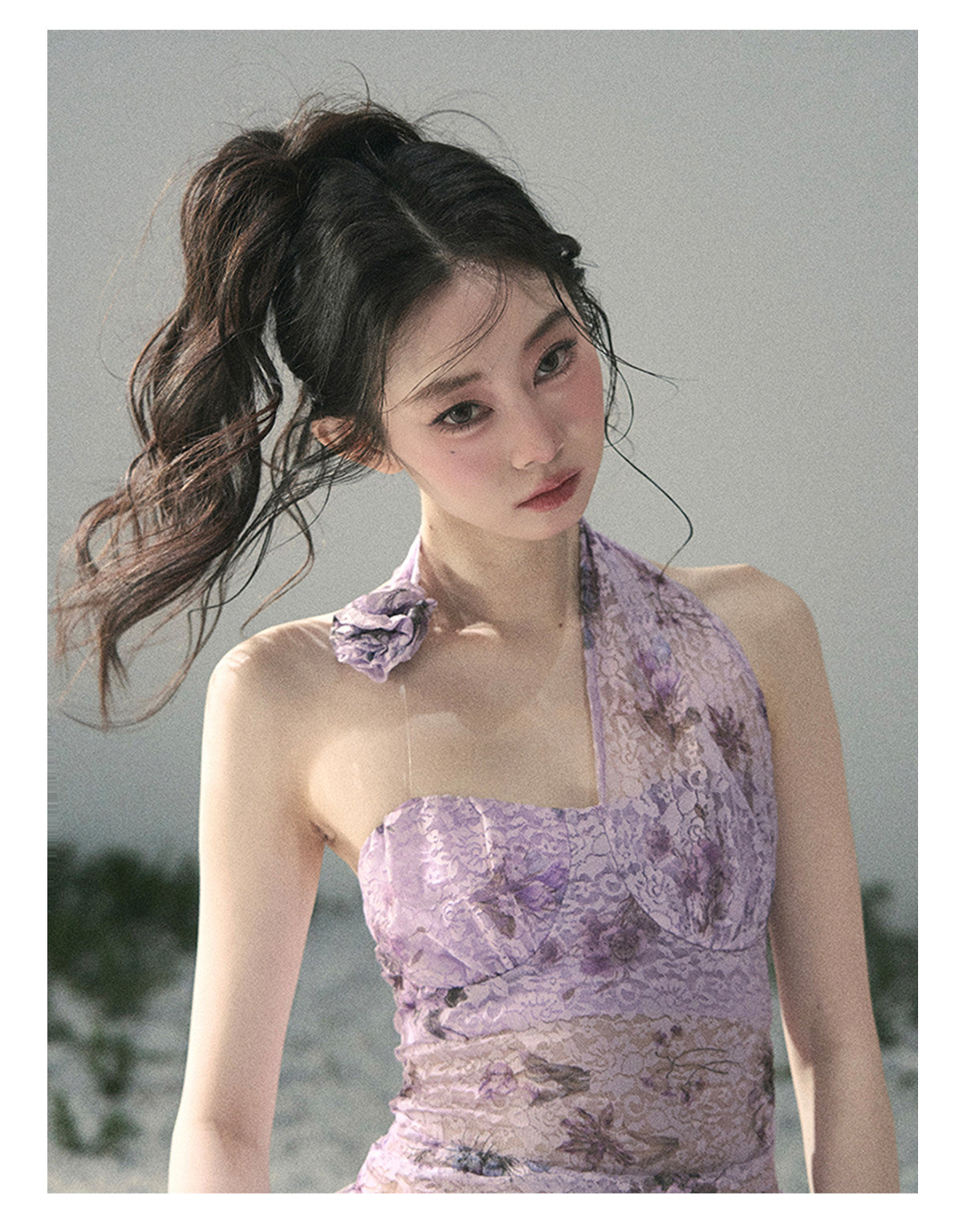 ShaoYeYan Aomalm Bauhinia Blooms Asymmetric Sheer Ribbon Top