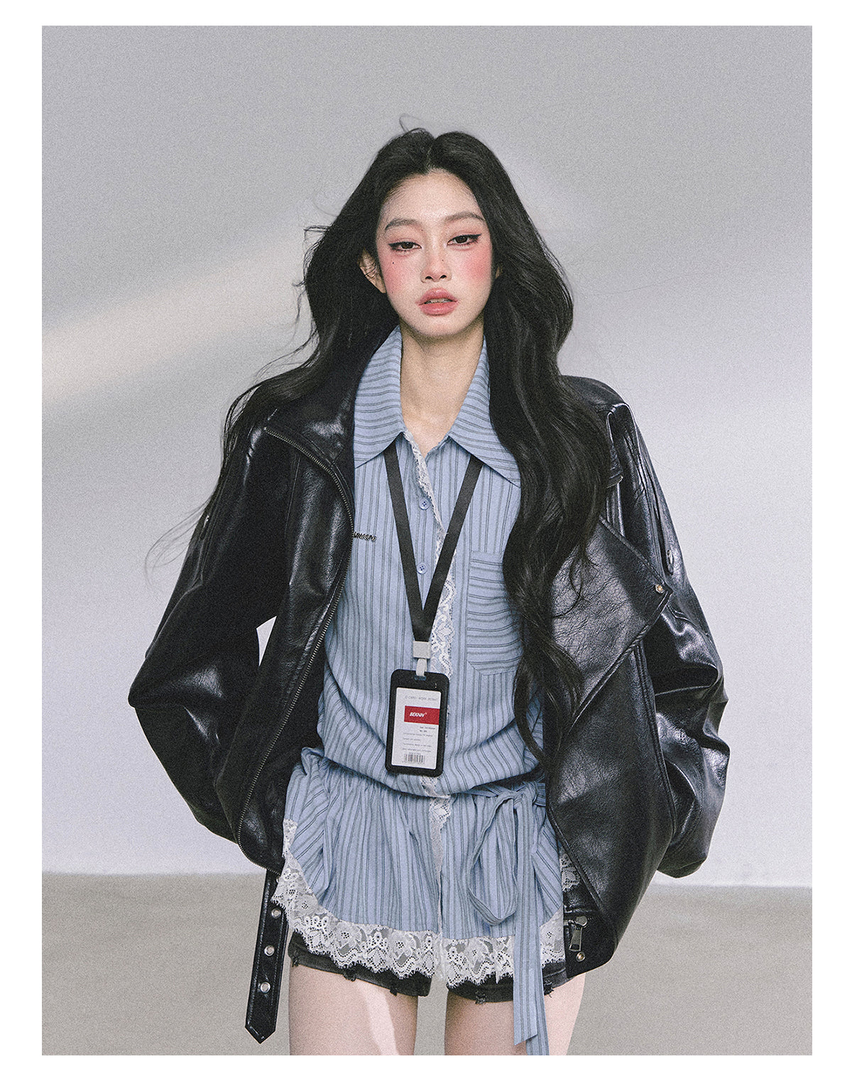 ShaoYeYan Mafia Princess Oversized Slim-Fit Black PU Leather Jacket