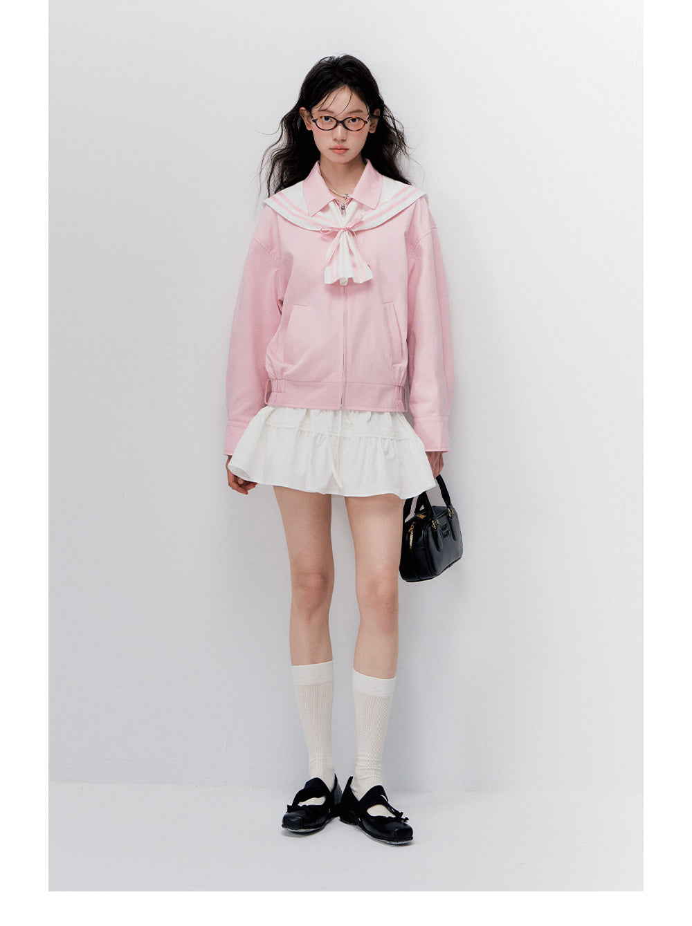ANNATTO Navy Collar Bow Tie Jacket White Lace Skirt Set